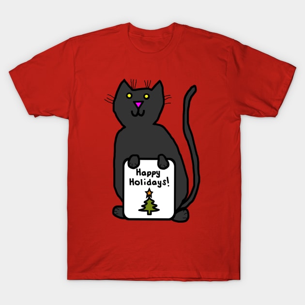 Cute Christmas Cat says Happy Holidays T-Shirt by ellenhenryart